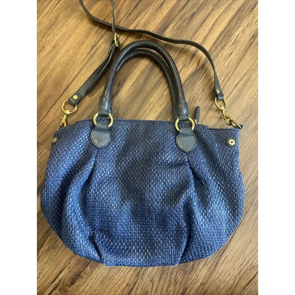 J.CREW Midnight Blue Woven Nylon Leather Trim Turnlock Satchel Shoulder Bag READ